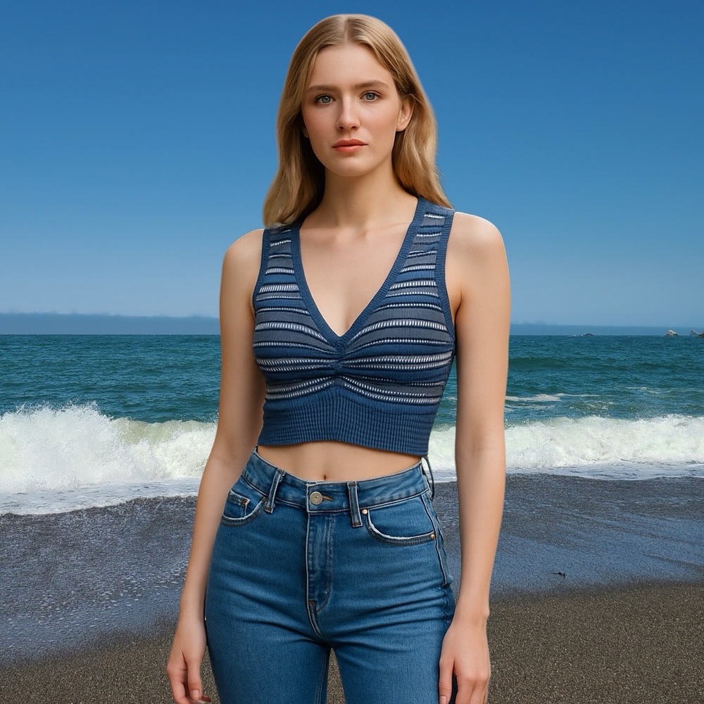 Aerie Real Good Knit Striped Blue Sleeveless Top Cropped